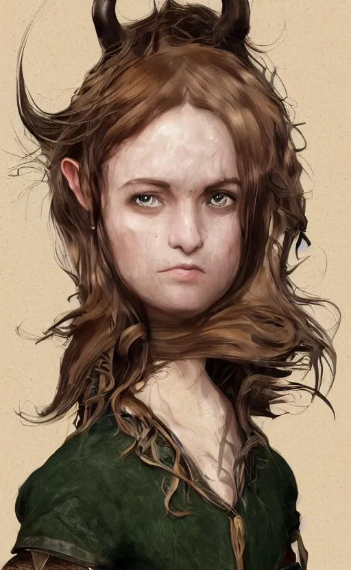 Prompt: a beautiful woman, beauty, high cheek bones, half smile, mischievous, bard, brown hair, messy hairstyle, short hair, cream colored peasant shirt, brown pants, leather boots, dark green cloak, round hood, elf ears, youthful, white background, proportionate, by John Howe, single face, trending on artstation, realistic, highly detailed, masterpiece