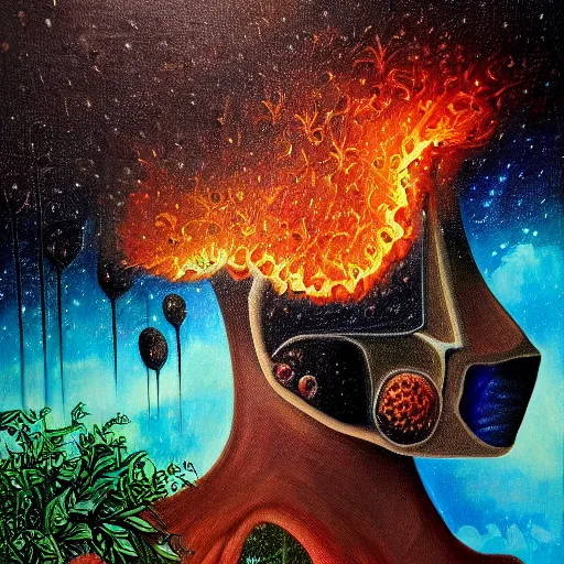 Image similar to highly detailed surrealist painting of deep sadness alone, expressive emotional piece, trending on art station, emotional expression, lost in the jungle forrest tropical ocean fire water ice earth galactic cosmic nebula