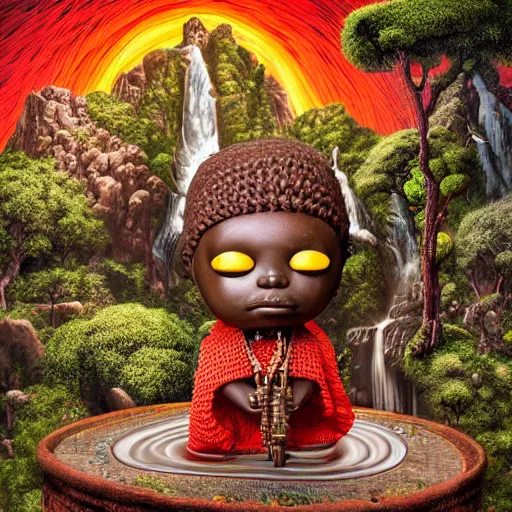 Prompt: wide angle dynamic portrait of a chibbi dogon priest in an african zen garden with a waterfall! and a golden ornate steampunk portal, amigurumi by mark ryden and todd schorr and mark davis and zdislaw beksinski in a surreal lowbrow style, digital paint, macrophotography, felt texture, matte paint, vivid synthwave colors, breathtaking landscape