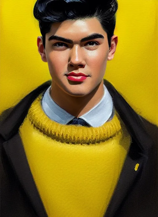 Image similar to portrait of young reggie mantle, mean smirk, egotistical, slicked back hair, striped yellow and black sweater, 1 9 5 0 s, intricate, elegant, glowing lights, highly detailed, digital painting, artstation, concept art, smooth, sharp focus, illustration, art by wlop, mars ravelo and greg rutkowski