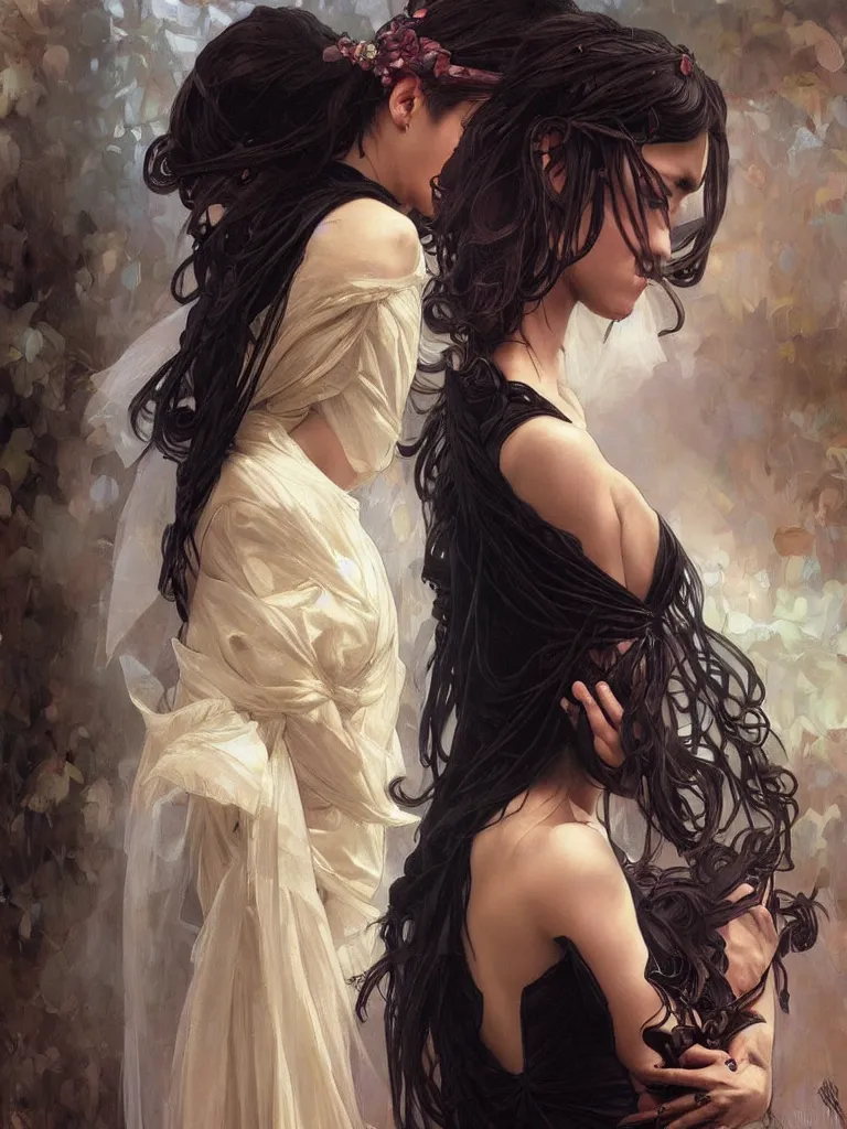 Image similar to detailed oil painting of a sad bride in black under the god ray, art by artgerm and greg rutkowski and alphonse mucha