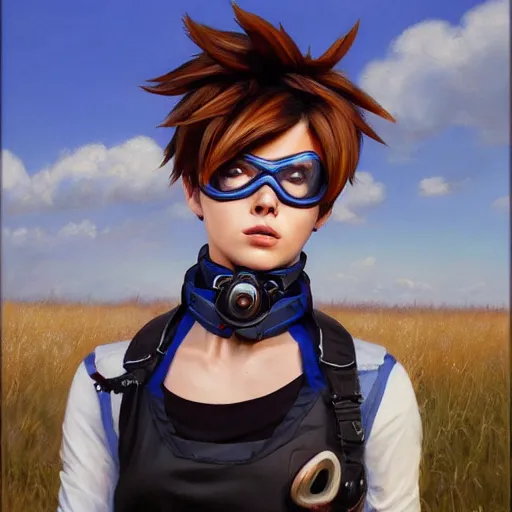 Prompt: oil painting of tracer overwatch in a field, in style of mark arian, expressive face, very detailed face, wearing large steel choker, very detailed eyes, full body, feminine face, detailed makeup on eyes,