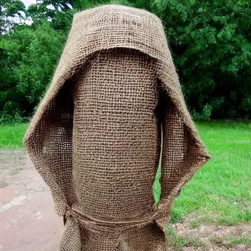 Prompt: creepy man made of burlap