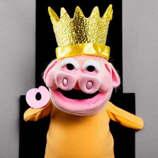 Image similar to studio photograph of a smiling pig depicted as a muppet wearing a gold crown eating from a snack bag with a yellow background, front view