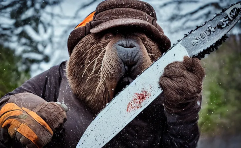 Image similar to walrus holding a chainsaw, extremely detailed, high quality, 8 k, nature photography,