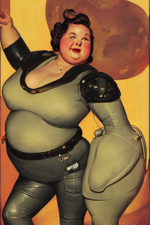 Image similar to 5 0 s pulp scifi fantasy illustration head and upper body portrait cheerful obese woman in leather spacesuit by norman rockwell, roberto ferri, daniel gerhartz, edd cartier, jack kirby, howard v brown, ruan jia, tom lovell, frank r paul, jacob collins, dean cornwell, astounding stories, amazing, fantasy, other worlds