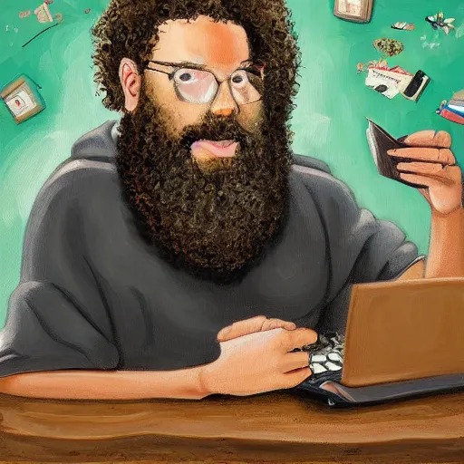 Prompt: a painting of a curly haired bearded man sitting at his computer with a rolling tray and a pile of weed ground up in front of him