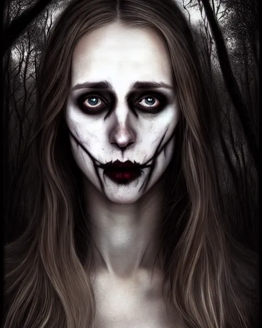 Prompt: gorgeousTaissa Farmiga slasher holding knife, realistic character concept, full body shot, spooky, illustration, symmetrical face and body, realistic eyes, cinematic lighting, hyperdetailed, detailed realistic symmetrical eyes, 8k, high resolution, Charlie Bowater, Tom Bagshaw, single face, insanely detailed and intricate, beautiful, elegant, dark forest and trees, vfx, postprocessing