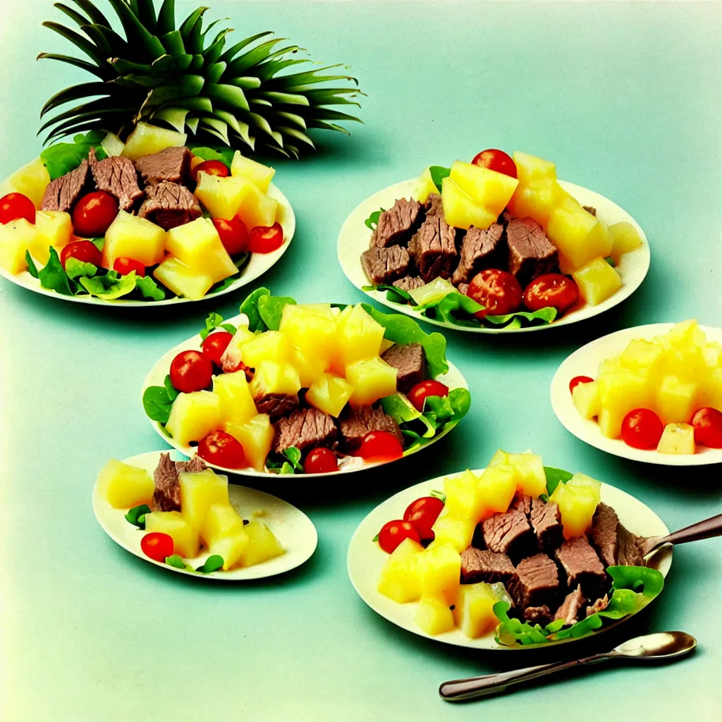 Prompt: a dreamy photo of beef salad and pineapple jelly, 1976