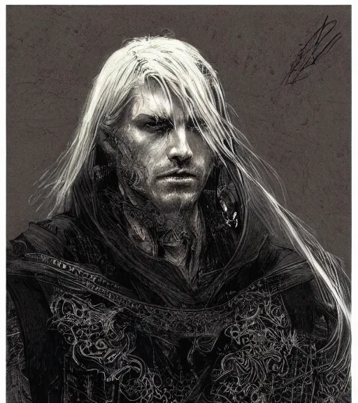 Image similar to portrait of man with long blond hair tied up wearing black robes, pen and ink, intricate line drawings, by craig mullins, ruan jia, kentaro miura, greg rutkowski, loundraw