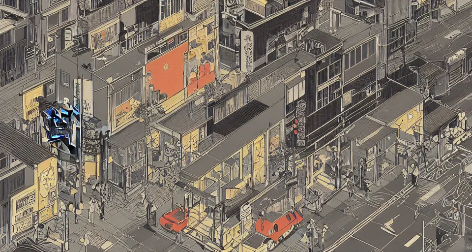 Image similar to isometric view illustration of a japanese street corner, by Victo Ngai