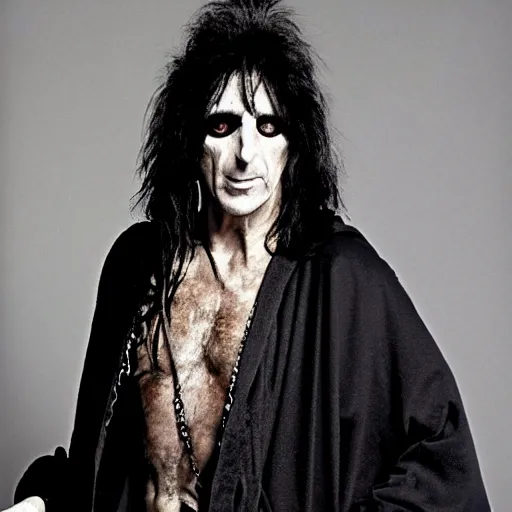 Prompt: alice cooper wearing a dark hooded robe