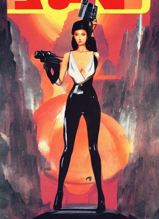 Prompt: Sui He as a Bond Girl in a Retro futuristic James Bond movie poster in style of anime, cinematic, realism, Greg rutkowski, 1990s