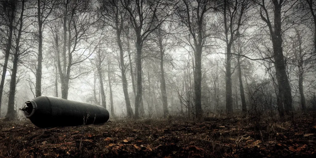 Image similar to abandoned soviet nuclear bomb in the woods, around everlasting darkness, atmospheric, wide shot, high definition, high detail, foreboding, artstation, foggy