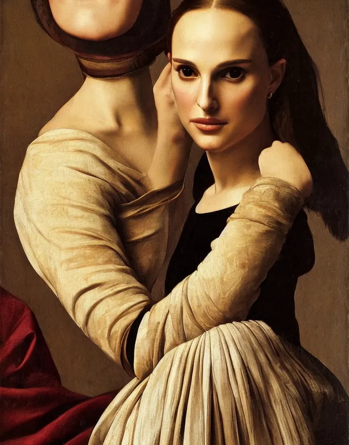 Image similar to a portrait of a Natalie Portman , beautiful clothes, oil painting in a renaissance style , very detailed, painted by Caravaggio.