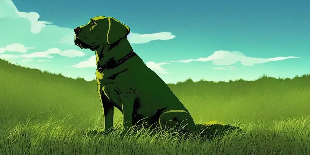 Prompt: hyperrealist, graphic novel illustration of a bulky green labrador retriever with shaggy green fur with green dye sitting on a grassy hill, pulp 7 0's sci - fi vibes, 9 0's hannah barbara fantasy animation, cinematic, movie still, studio ghibli masterpiece