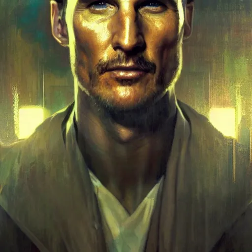 Image similar to matthey mcconaughey, hyperrealistic portrait, bladerunner street, art of elysium by jeremy mann and alphonse mucha, fantasy art, photo realistic, dynamic lighting, artstation, poster, volumetric lighting, very detailed face, 4 k, award winning