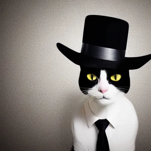 Prompt: a cat gentleman wearing a black leather hat, black suit, frontal view, cool looking