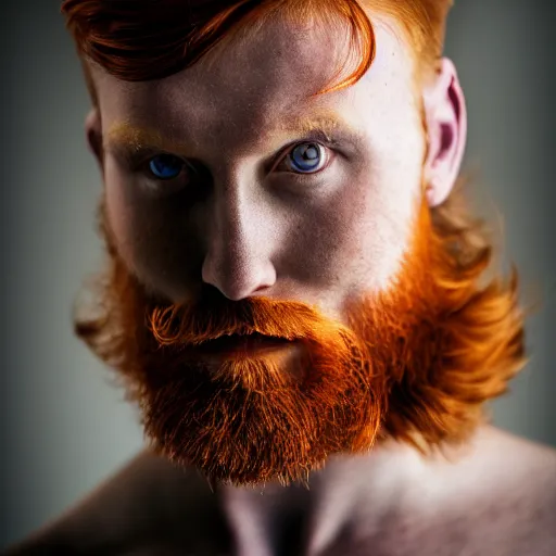 Image similar to futuristic ginger cyborg, bearded, portrait, partly concealed by dramatic shadows, rim lit, hopeful expression, candid photography, nikon, 4k