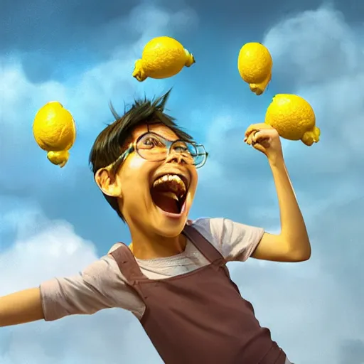 Image similar to a lemon in a back yard laughing happily at the mad scientists which are falling from the sky , made by Stanley Artgerm Lau, WLOP, Rossdraws, ArtStation, CGSociety, concept art, cgsociety, octane render, trending on artstation, artstationHD, artstationHQ, unreal engine, 4k, 8k,