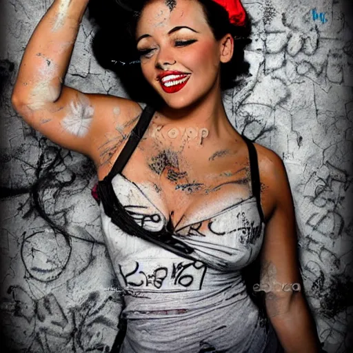 Image similar to rough rugged graffiti on a black wall of a pinup girl