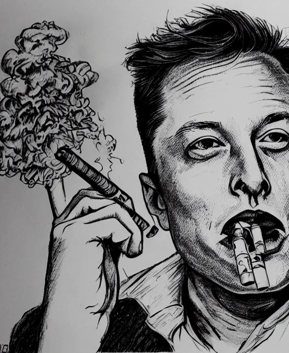 Image similar to a detailed fineliner drawing of elon musk smoking a joint