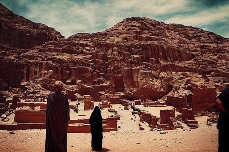 Image similar to “ a still from a 2 0 1 5 christopher nolan film about an evil wizard occupying the ancient city of petra ”