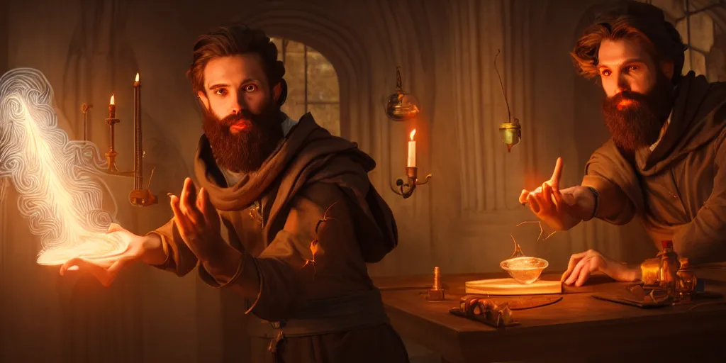 Image similar to scene of a handsome bearded caucasian male sorcerer with brown hair he is casting a spell that is emanating from his hands he is in a alchemist lab, action pose, digital art, photoreal, 4 k, unreal engine