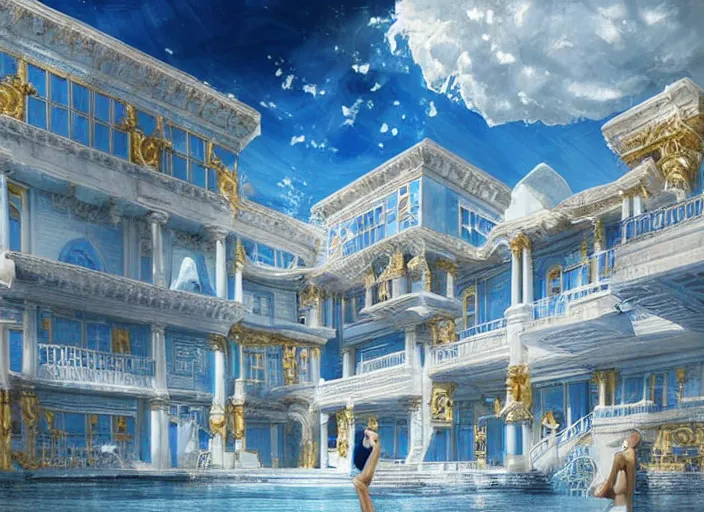 Prompt: modern chic futuristic royal blue and white house with gold intricate details at Pamukkale, thermal waters flowing down white travertine terraces, ethereal and dreamy heavenly clouds, holy, divine, heavenly kingdom, intricate, elegant, luxurious, digital painting, concept art, smooth, sharp focus, from Star Trek 2021, illustration, by WLOP and Ruan Jia and Mandy Jurgens and William-Adolphe Bouguereau, Artgerm