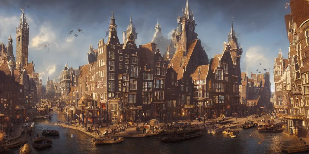 Image similar to a lively magical town inspired by victorian england and amsterdam, sunny weather, highly detailed, intricate, digital painting, trending on artstation, concept art, matte painting, art by greg rutkwowski, craig mullins, octane render, 8 k, unreal engine