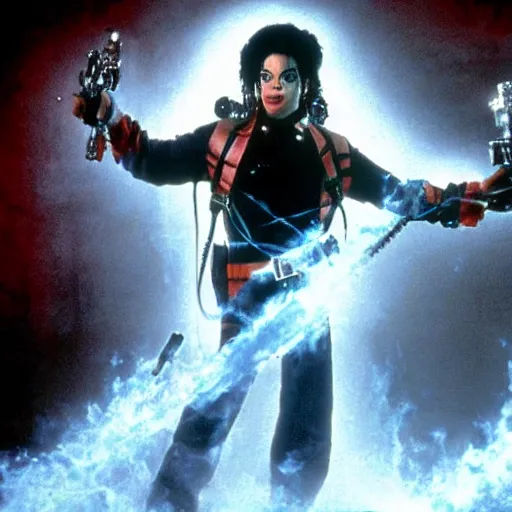 Image similar to stunning awe inspiring michael jackson with a highly detailed face as a ghostbuster in the movie ghostbusters, movie still 8 k hdr atmospheric lighting