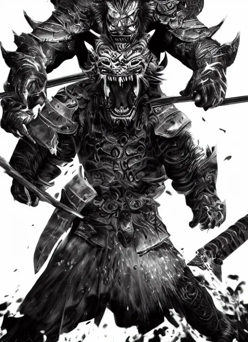 Image similar to fullbody, dark, evil villan character, very hostile very angry realistic detailed semirealism tiger man wearing samurai armor. fire Tiger_character, tiger_beast, 獣, FFXIV, iconic character splash art, angry character wielding a sword, blade, katana, blurred background, muscular scary brute, MMOrpg, dramatic cinematic Detailed fur, tank type character, detailed metal textures, 4K high resolution quality artstyle professional artists WLOP, Aztodio, Taejune Kim, Guweiz, Pixiv, Instagram, Artstation