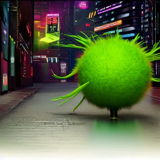 Prompt: high quality 3 d render cyberpunk very tennis ball monster highly detailed, unreal engine cinematic smooth, in the style of blade runner &, basil gogos, chalk, low angle, uhd 8 k, sharp focus, illustrated by basil gogos