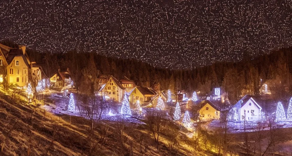 Image similar to an eerie abandoned village in the black forest at midnight illuminated by christmas lights