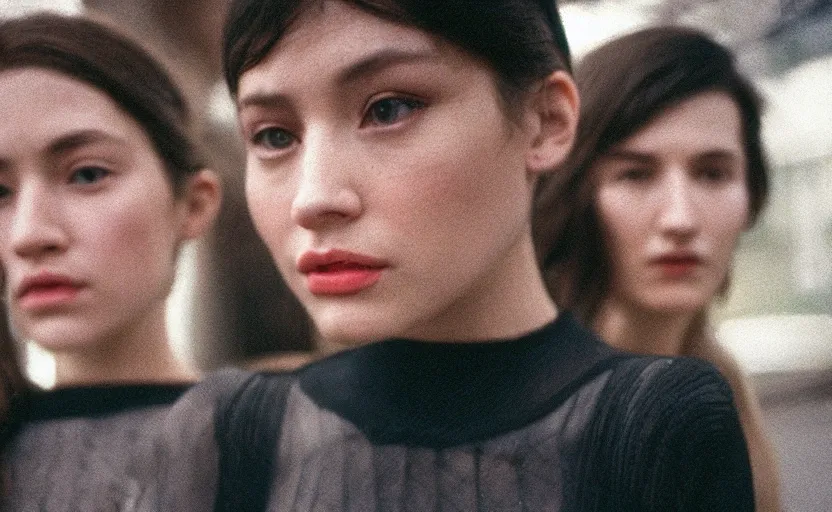 Image similar to cinestill 5 0 d candid photographic portrait by steven spielberg of two female androids wearing rugged black mesh tech