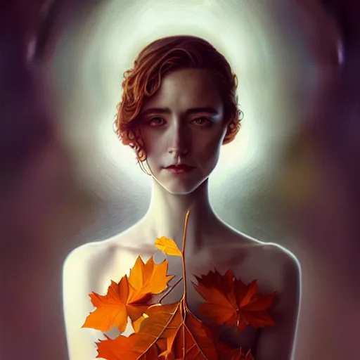 Prompt: in the style of joshua middleton, artgerm, tom bagshaw, gorgeous stella maeve magician, realistic character concept, bird's eye overhead shot, elegant pose, spooky, illustration, symmetrical face and body, volumetric lighting, detailed realistic symmetrical eyes, 8 k, single face, insanely detailed and intricate elegant, autumn leaves