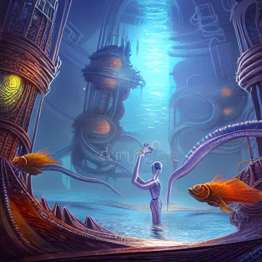 Prompt: beautiful digital fantasy illustration of an underwater city surrounded by tentacles, the forge of worlds, concept art by xul solar, two hands reaching for a fish, high detail texture, unreal engine, 8 k, photographic quality, ultra hyper realistic quality, 8 k definiton, hyper - realistic, cinematic, cinematic lighting