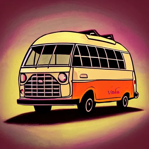 Image similar to retro painting illustration of a volswagen van, 2 d, pastel color, retro style art, trendy on artstation