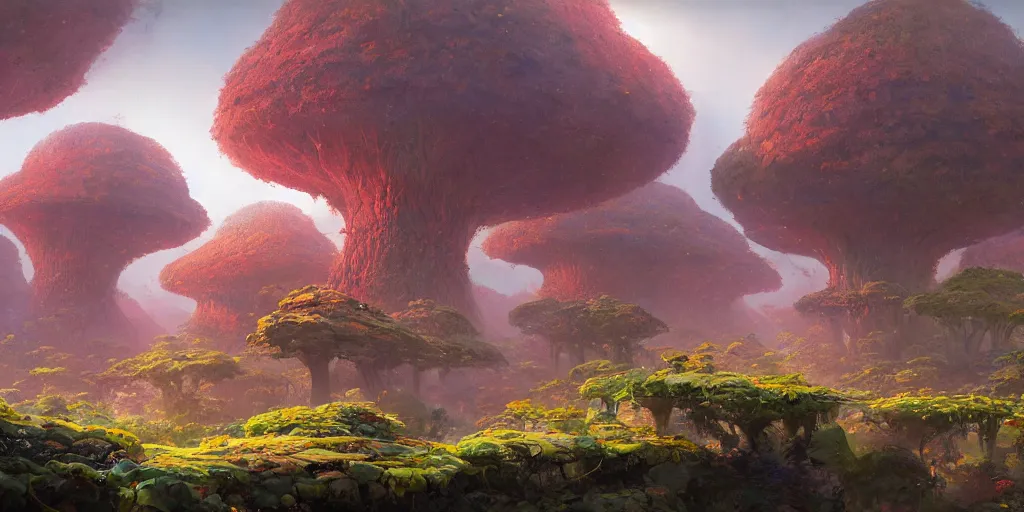 Image similar to botanical, extraterrestrial trees with fractal fruits, morning, quiet planet, teratology, land, roger dean, john berkey, james gurney, greg rutkowski, artstation