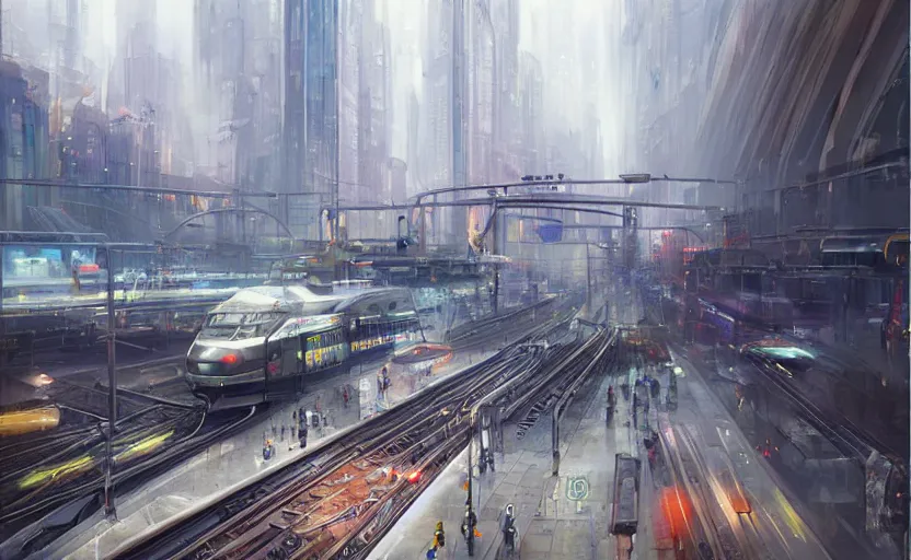 Prompt: Futuristic train intersection in a tall city, highly detailed, artstation, sharp focus, illustration, concept art, ruan jia, steve mccurry