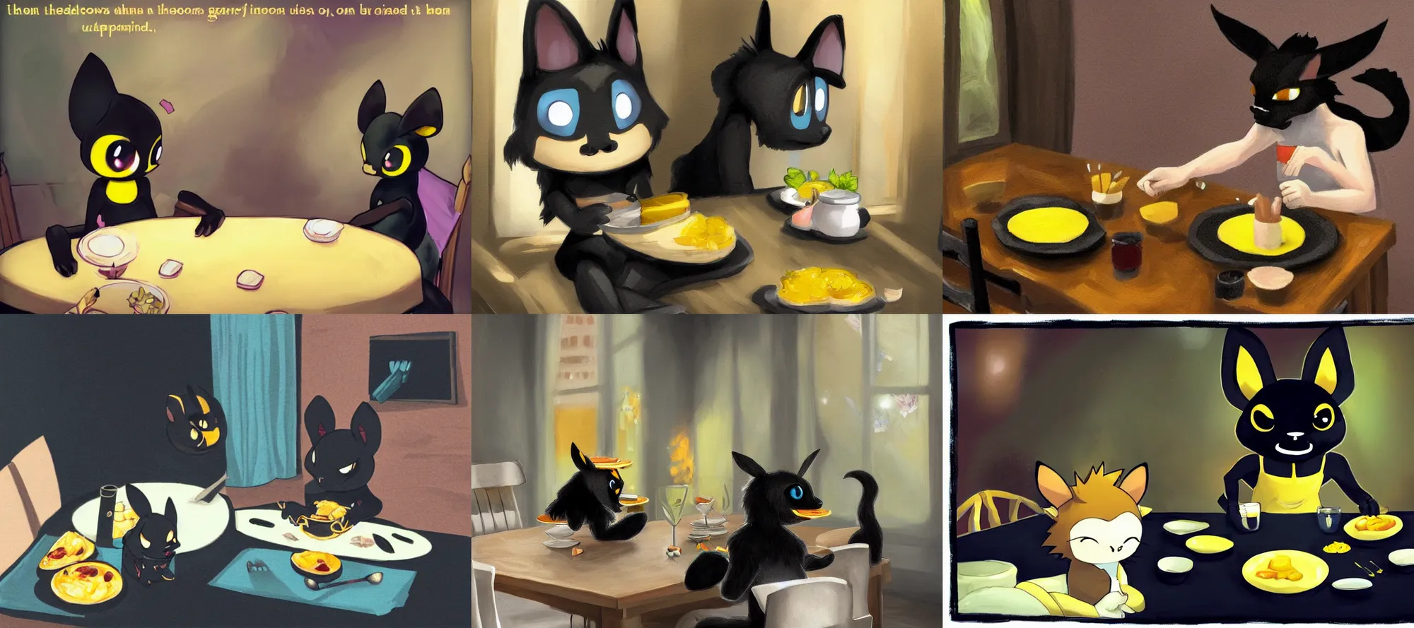 Prompt: umbreon wearing tank top eating dinner at a table in the backrooms happiness is temporary kan liu