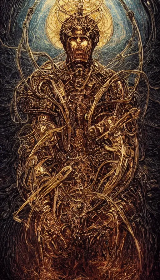 Prompt: Elden Ring, byzantine orthodox exoskeleton armor evil saint icon portrait themed tarot card, the dark post-apocalyptic hellscape torment intricate golden artwork by Artgerm, Johnatan Wayshak, Zdizslaw Beksinski, Darius Zawadzki, H.R. Giger, Takato Yamamoto, masterpiece, very coherent artwork, cinematic, high detail, octane render, unreal engine, 8k, High contrast, golden ratio, trending on cgsociety, ultra high quality model, production quality cinema model in the style of Midjourney, highly detailed and intricate artwork, masterpiece, majestic, ephemeral, cinematic lighting, vivid and vibrant colors, iconic movie poster character production art concept, haunting, horror, gothic fog ambience, golden fire palette, Artstation trending, unreal engine, octane render