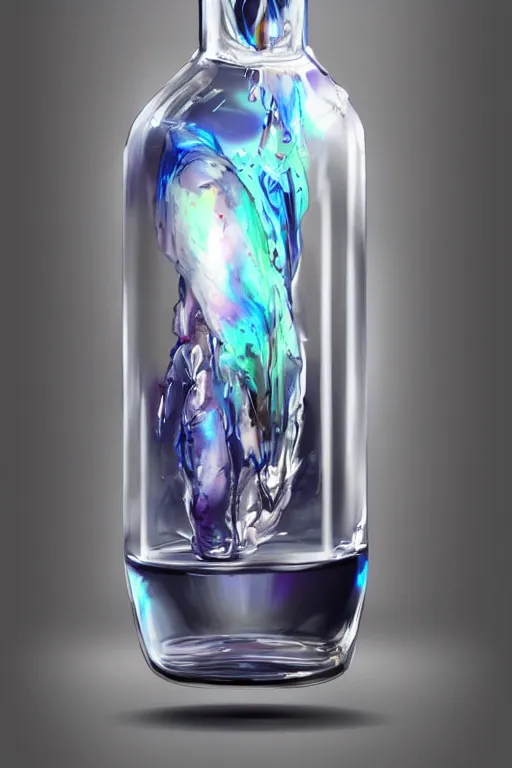 Image similar to concept art of a rolex liquid dietary supplement in a transparent bottle filled with blue magenta iridescent liquid, by aenaluck, artgerm and roberto ferri and greg rutkowski, black and white tones, white background, digital painting, artstation, concept art, smooth, sharp foccus ilustration hq