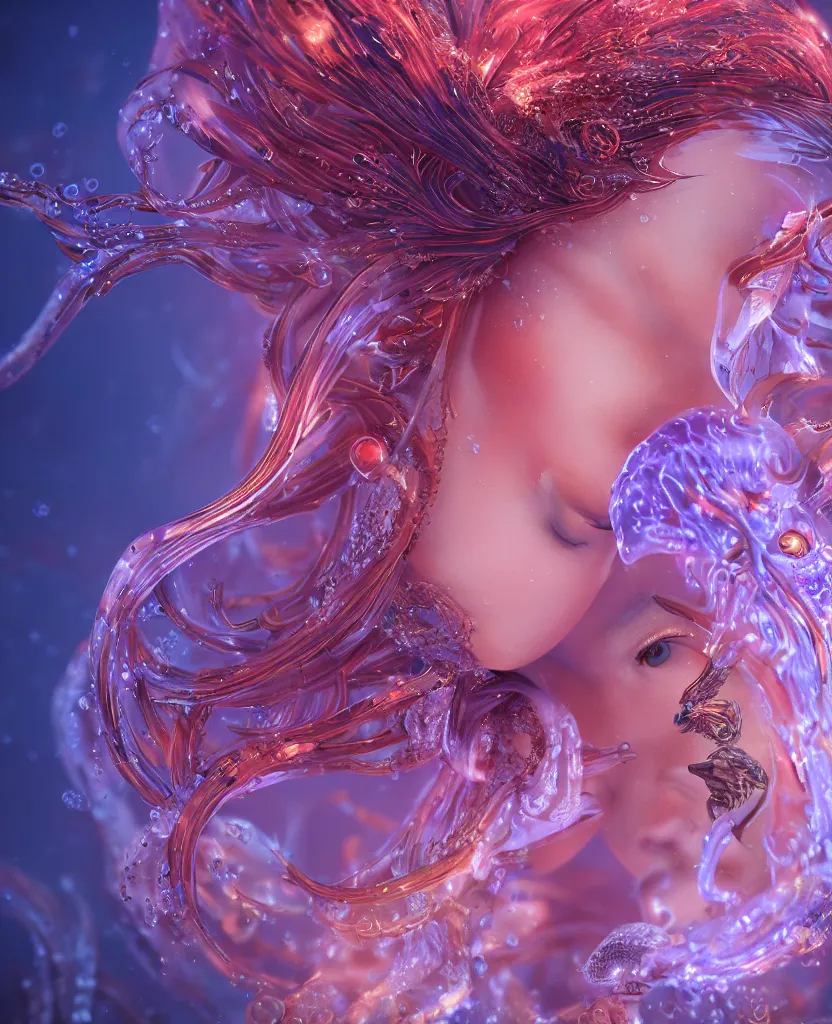 Image similar to close-up macro portrait of the face of a beautiful princess, epic angle and pose, symmetrical artwork, 3d with depth of field, blurred background, cybernetic jellyfish female face skull phoenix bird, translucent, nautilus, energy flows of water and fire. a highly detailed epic cinematic concept art CG render. made in Maya, Blender and Photoshop, octane render, excellent composition, cinematic dystopian brutalist atmosphere, dynamic dramatic cinematic lighting, aesthetic, very inspirational, arthouse. y Greg Rutkowski, Ilya Kuvshinov, WLOP, Stanley Artgerm Lau, Ruan Jia and Fenghua Zhong