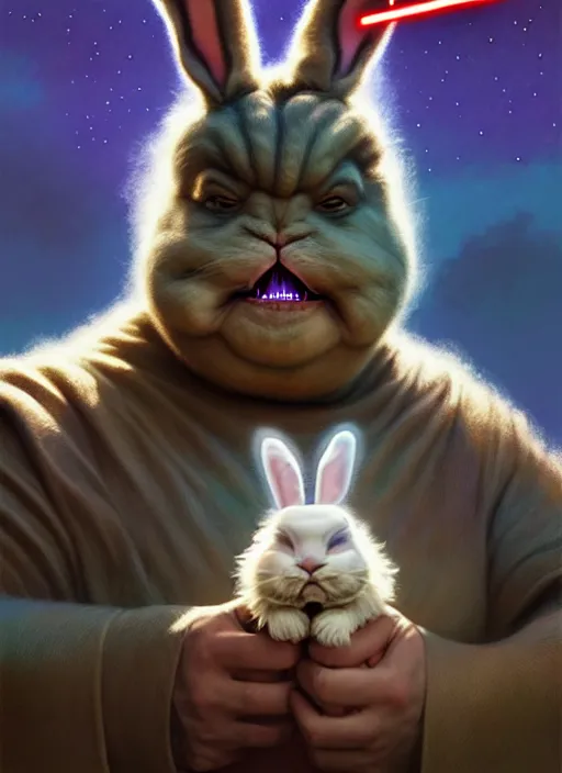 Image similar to hyper realistic, star wars, zoomed out portrait of a mega derpy john candy as big chungus, with bunny ears, stoned, by greg rutkowski, scott m fischer, artgerm, loish, slight glow, atmospheric, anne stokes, alexandros pyromallis