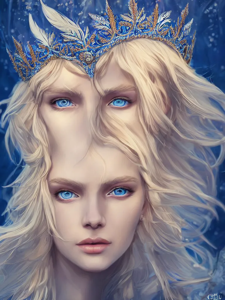 Image similar to A beautiful blonde Slavic woman, highly detailed full body, beautiful blue eyes, detailed intricate blue crown, feathers, wearing fancy clothes, highly detailed figure, fractal crystal, epic composition, ultra wide-shot, dynamic pose, concept art, beautifully lit, digital painting, smooth, desaturated color theme, character design, sharp focus, elegant, intricate, post processing, artstation, by WLOP, James Jean, Victo Ngai, ryohei hase