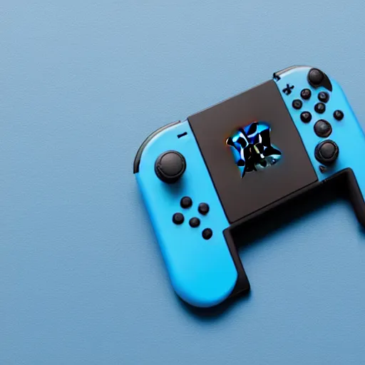 Prompt: Dark Blue Nintendo Switch controller that looks like the iOS emoji and has the same colors, 3D clay render, 4k UHD, light blue background, isometric top down left view, diffuse lighting, zoomed out very far