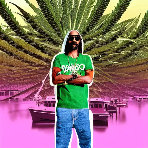 Image similar to snoop dog standing on a boat in front of huge cannabis plants, realistic digital art, highly detailed