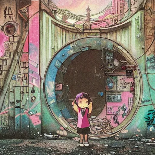 Prompt: a little girl on a dilapidated sidewalk looking through a dirty graffiti wall into a round portal. inside the portal is a beautiful vaporwave cosmic futuristic city, illustration, intricate details, highly detailed, fantasy art style, concept art, intricate details, highly detailed, moebius, studio ghibli, rene magritte