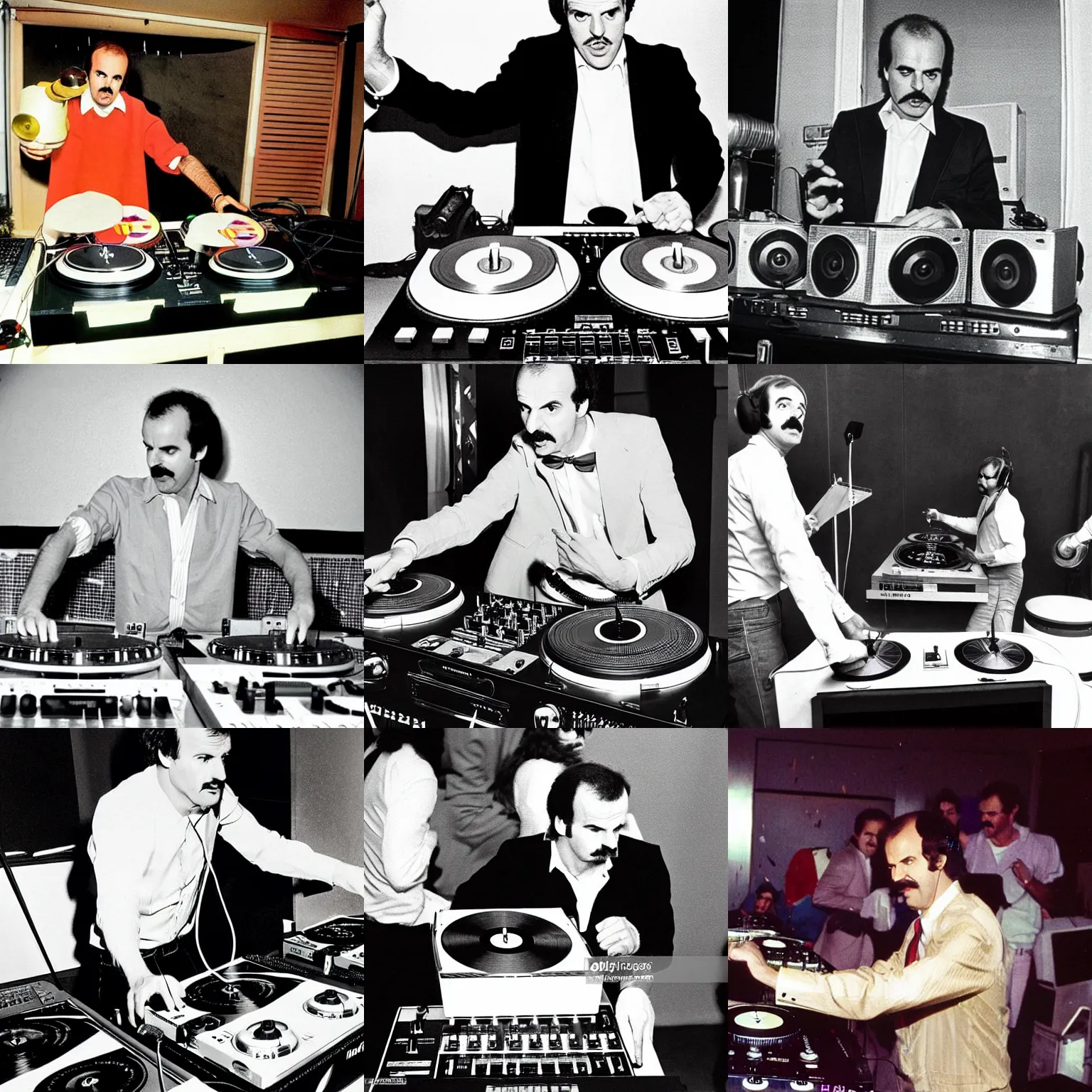Prompt: basil fawlty DJing with DJ turntables, 70s photograph